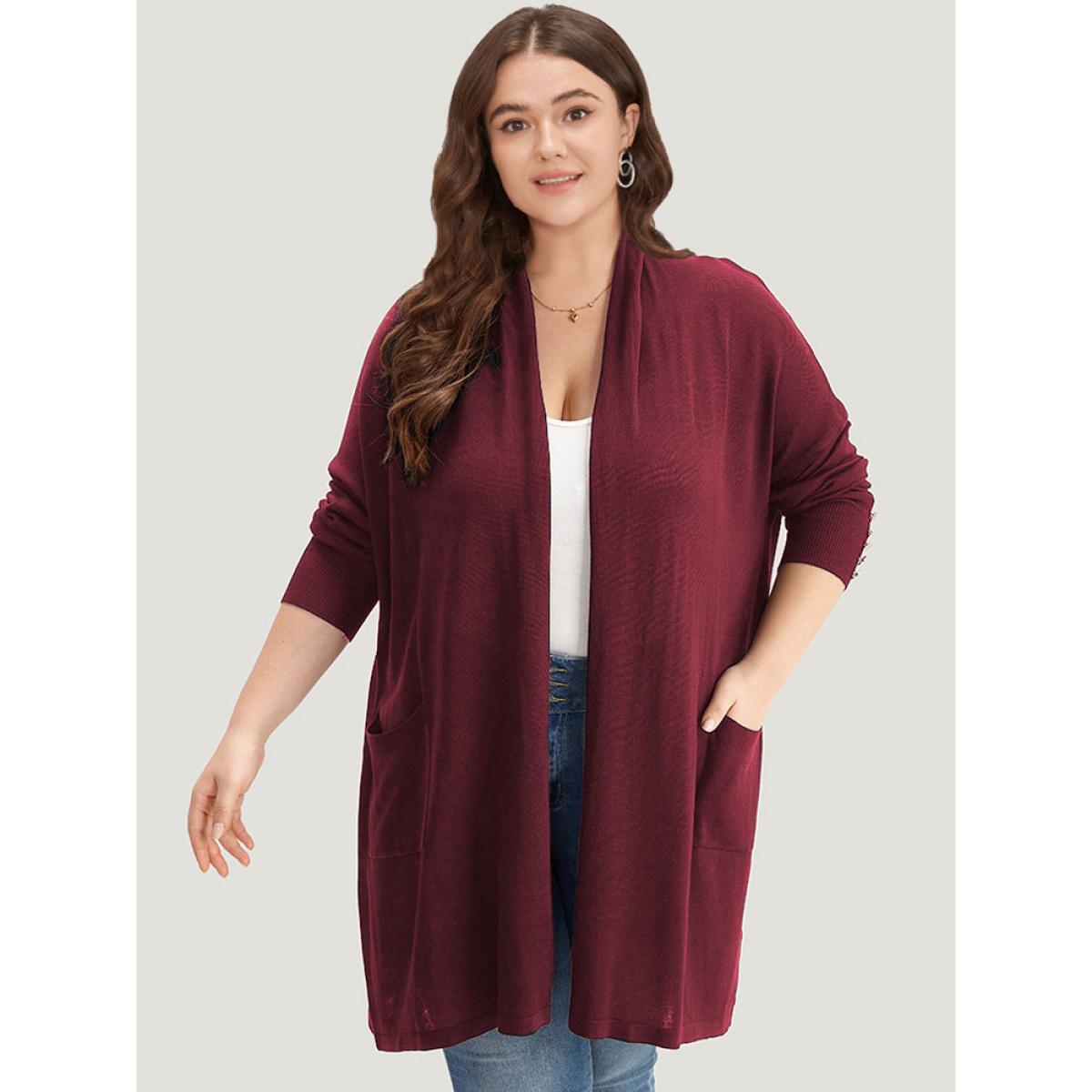 Plus Size Supersoft Essentials Button Detail Lapel Collar Cardigan Burgundy Women Basics Loose Long Sleeve Everyday Cardigans BloomChic 18-20/2X Product Image