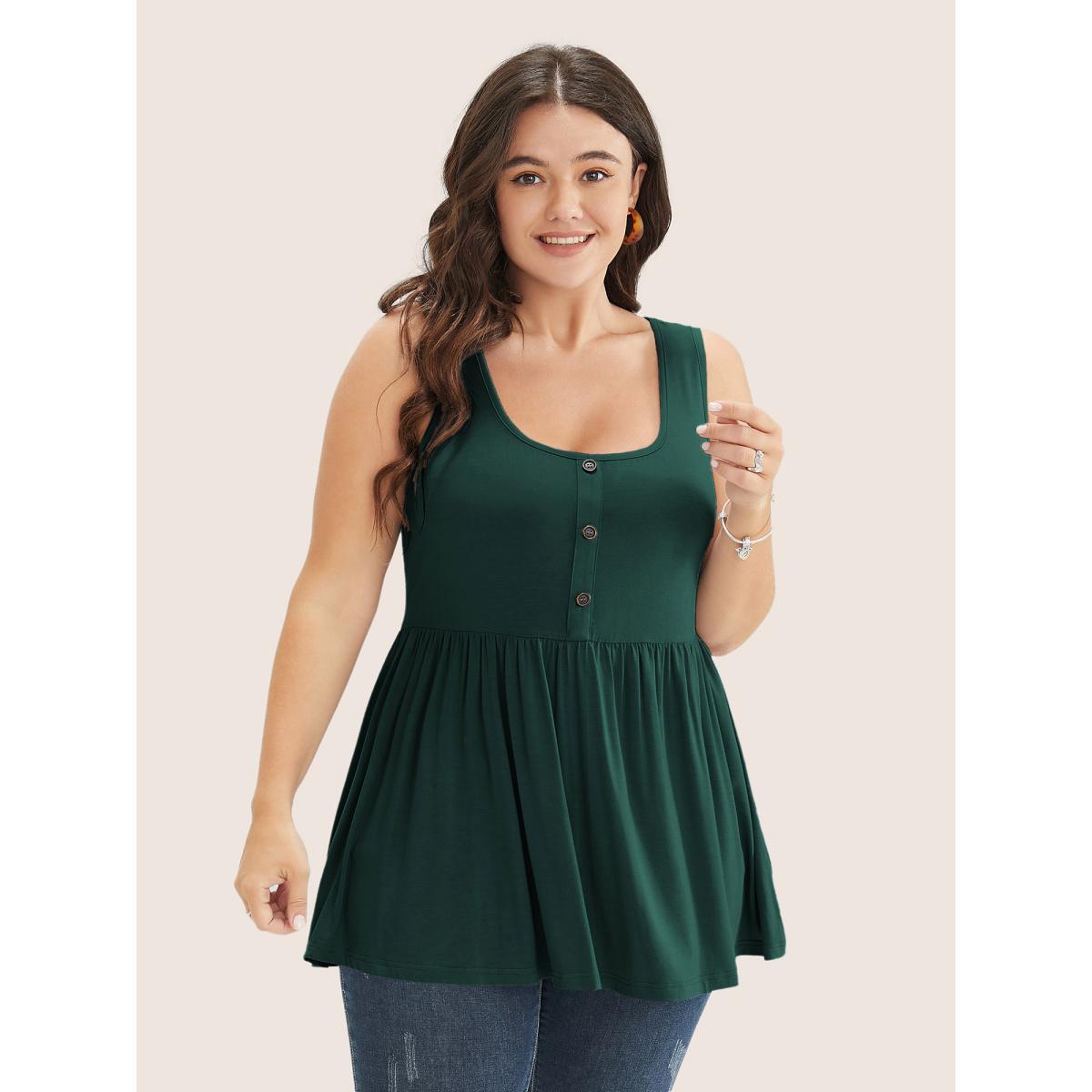 Plus Size Solid Square Neck Button Detail Ruffle Hem Tank Top Women DarkGreen Casual Button Square Neck Everyday Tank Tops Camis BloomChic 14-16/1X Product Image