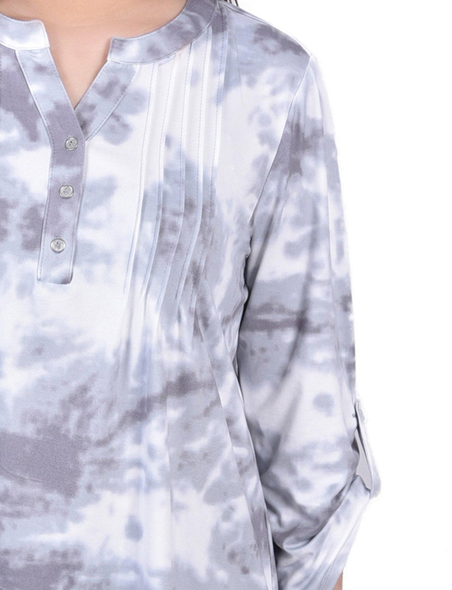 Grey Tiedye 3/4 Bell Sleeve Pleat Front Y Neck Top Product Image