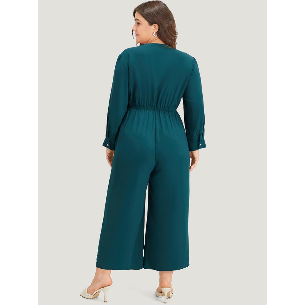 Plus Size Aegean Notched Zipper Gathered Drawstring Jumpsuit Women Office Long Sleeve Notched collar Office Loose Jumpsuits BloomChic 12/L Product Image