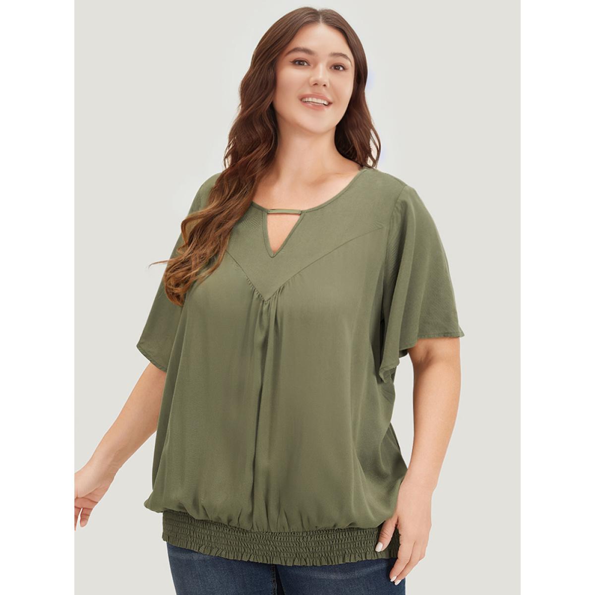 Plus Size ArmyGreen Solid Shirred Keyhole Gathered Ruffle Sleeve Blouse Women Office Half Sleeve V-neck Work Blouses BloomChic 22-24/3X Product Image