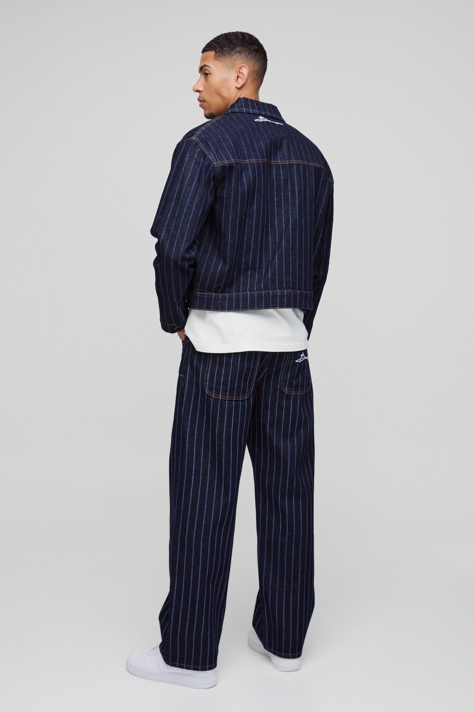 Relaxed Fit Pinstripe Denim Applique Jeans | boohooMAN USA Product Image