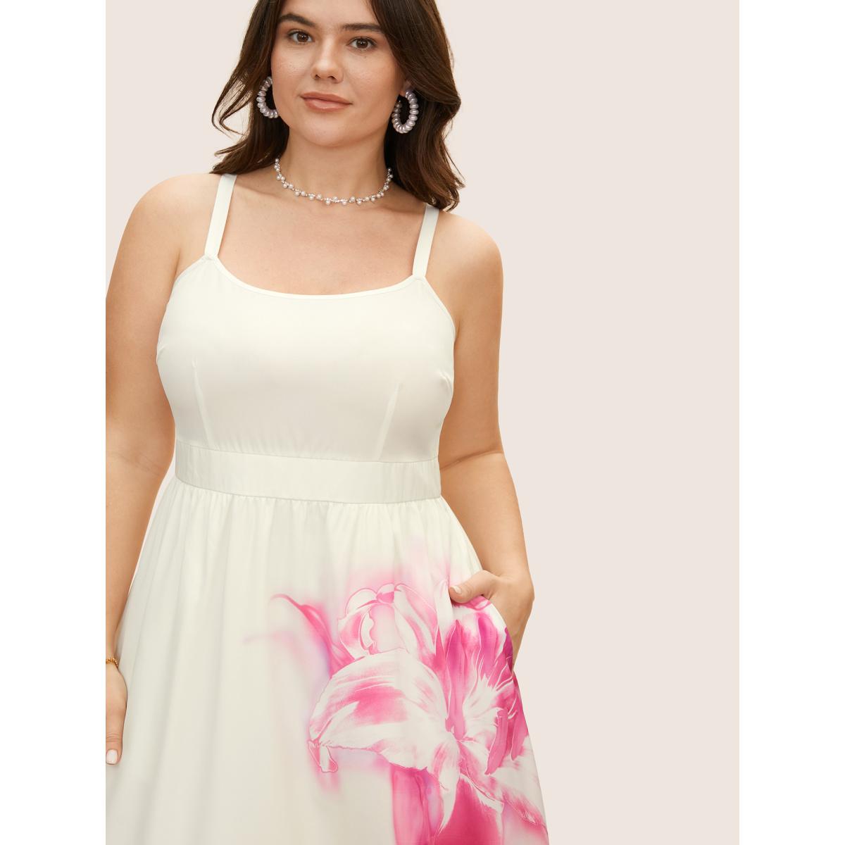 Plus Size Pink Lilies Print Gathered Cami Midi Dress Ivory Women Elegant Gathered Non Sleeveless Curvy BloomChic 30/6X Product Image