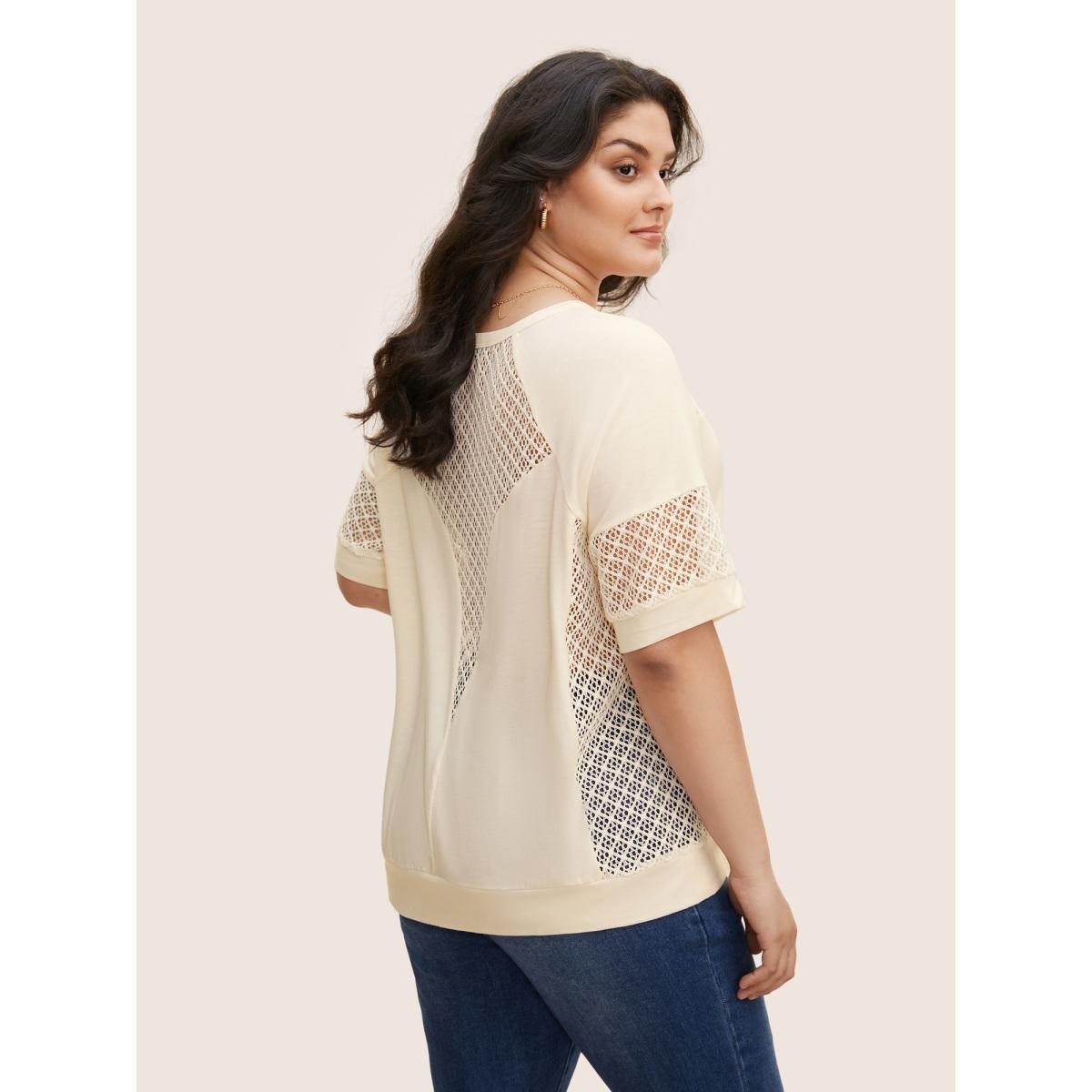 Plus Size Solid Hollow Out Raglan Sleeve T-shirt Beige Women Casual Patchwork Round Neck Everyday T-shirts BloomChic 30/6X Product Image