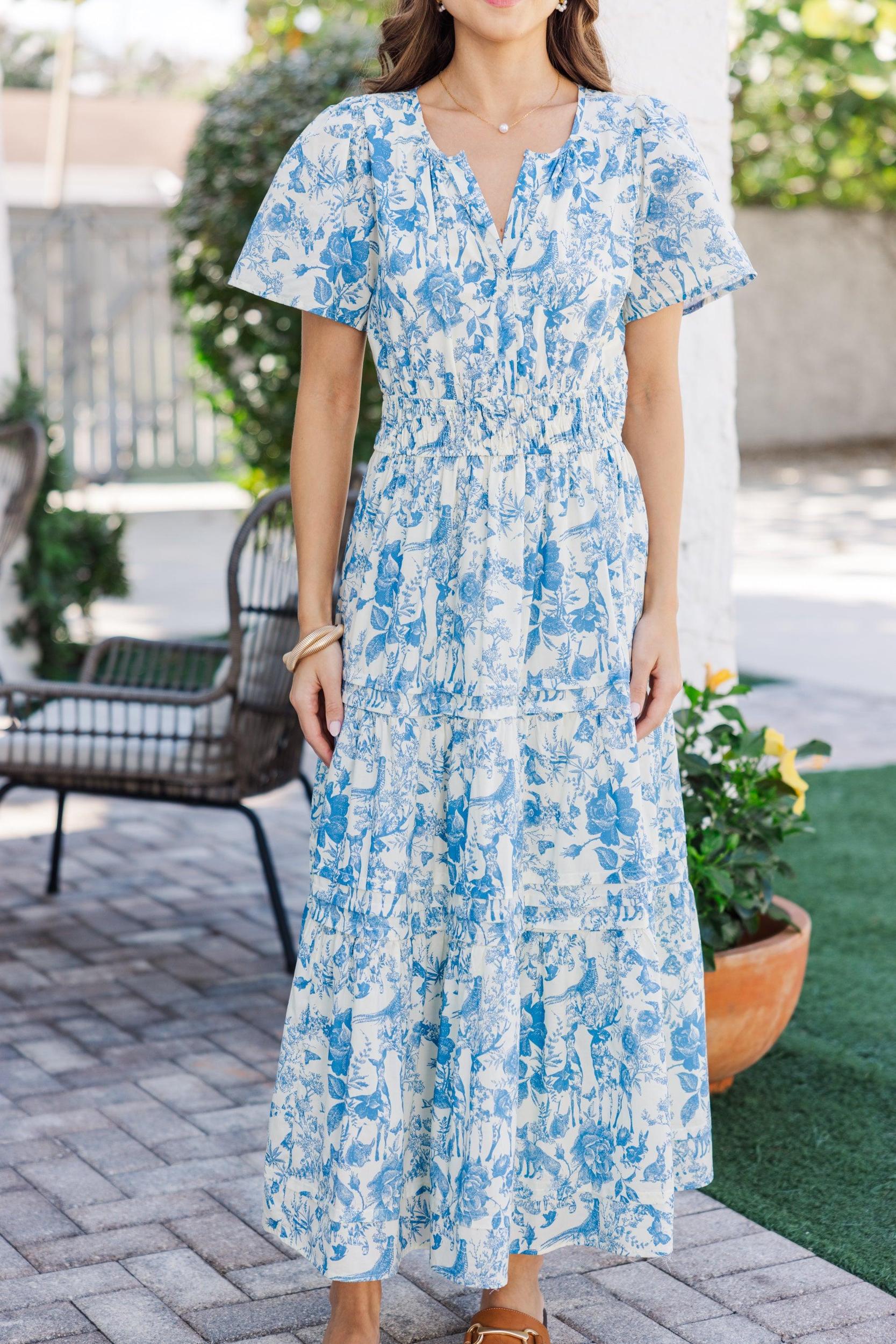 It's In The Air Blue Toile Tiered Midi Dress Female Product Image