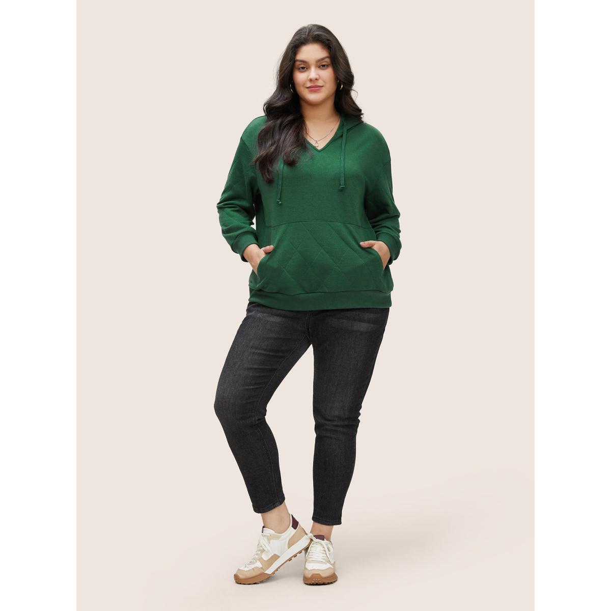 Plus Size Solid Quilted Kangaroo Pocket Hooded Sweatshirt Women Green Casual Non Hooded Everyday Sweatshirts BloomChic 10/M Product Image