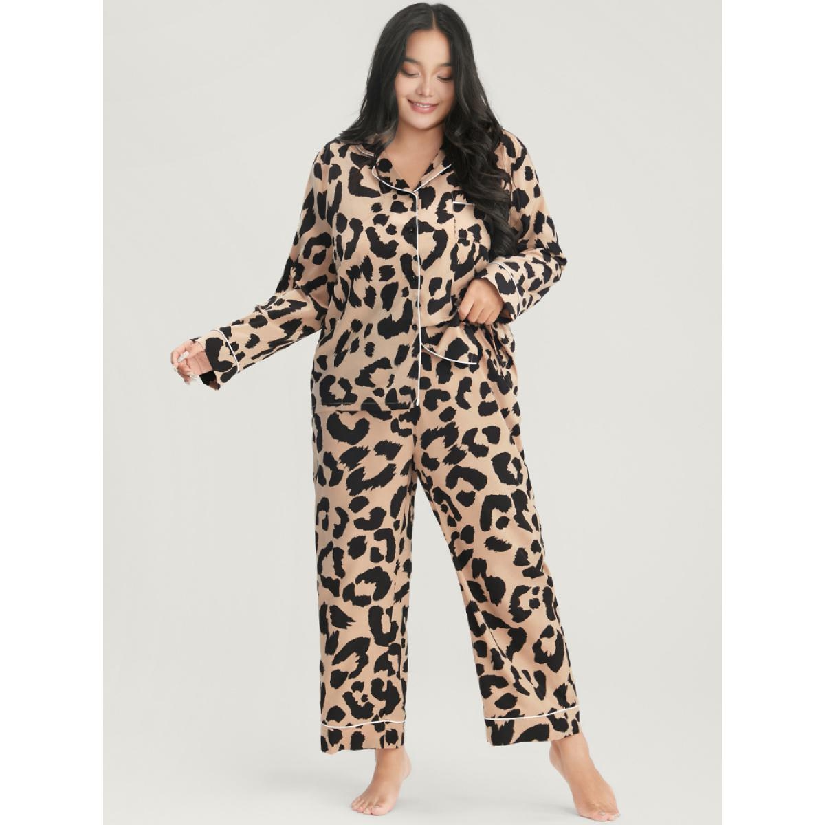 Plus Size Leopard Print Button Up Pocket Pajama Set Women Tan Leopard Patchwork Long Sleeve Shirt collar Casual Loungewear Sets BloomChic 30/6X Product Image