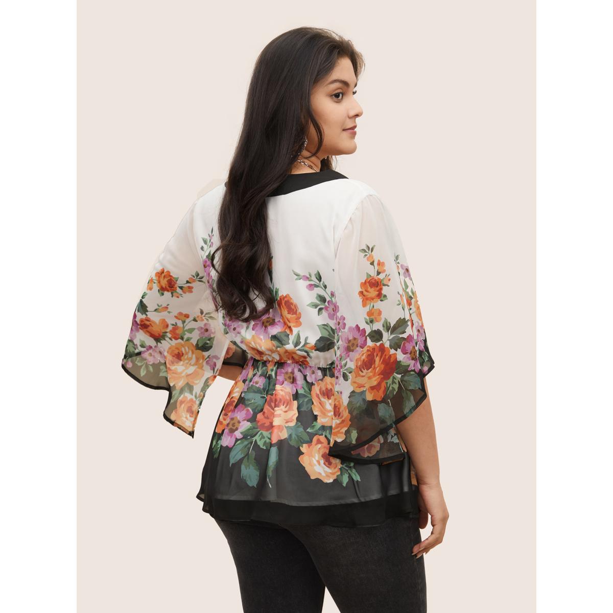 Plus Size Multicolor Floral Contrast Trim Elastic Waist Flutter Sleeve Blouse Women Cocktail Half Sleeve V-neck Party Blouses BloomChic 12/L Product Image