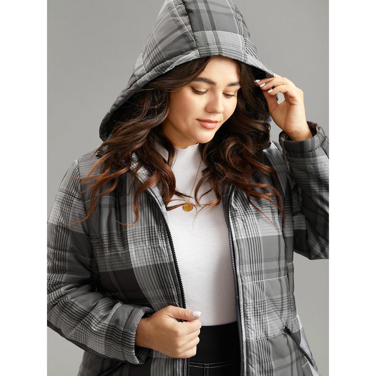 Plus Size Plaid Contrast Zipper Hooded Coat Women DimGray Casual Lined Ladies Dailywear Winter Coats BloomChic 18-20/2X Product Image