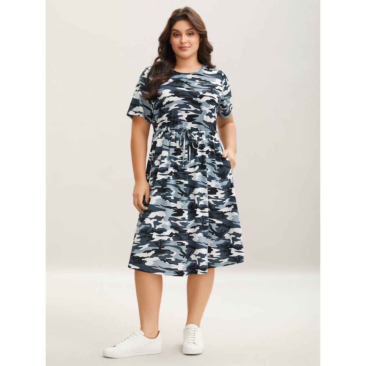 Plus Size Camouflage Print Round Neck Pockets Midi Dress Stone Women Casual Tie knot Knit Dresses Bloomchic 10/M Product Image
