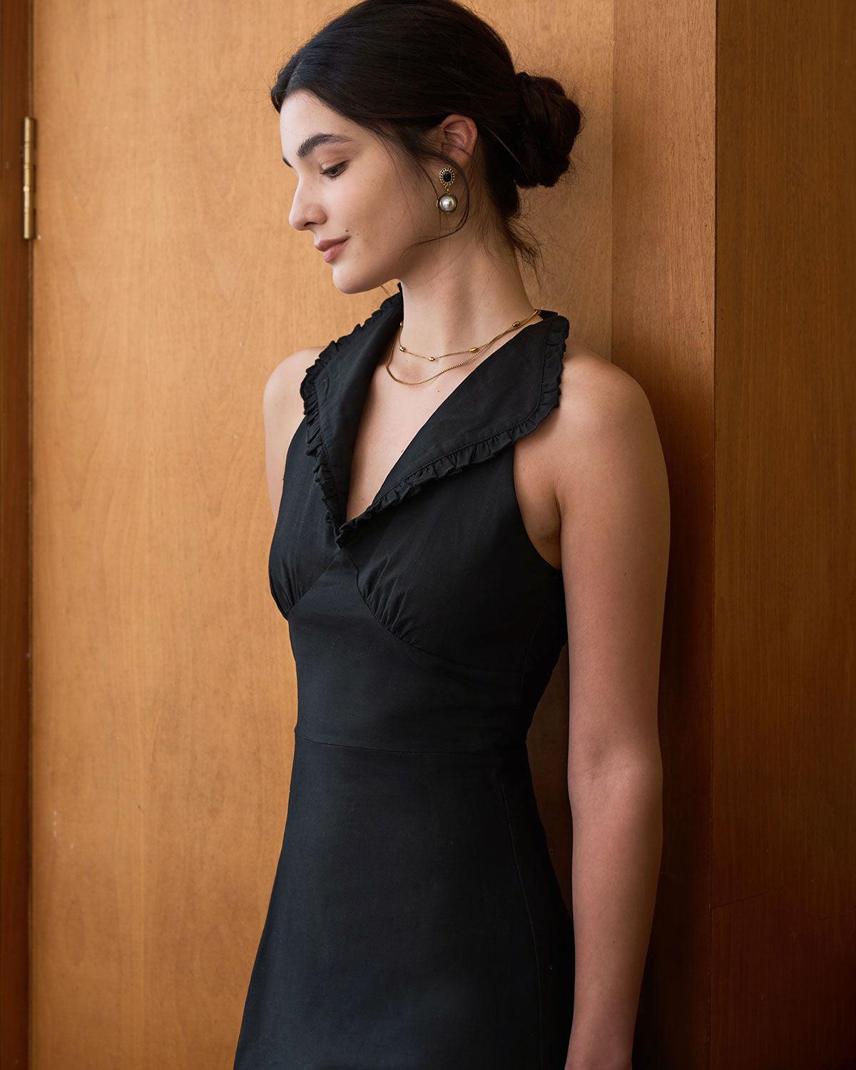 The Black Collared Frill Trim Linen Maxi Dress Product Image