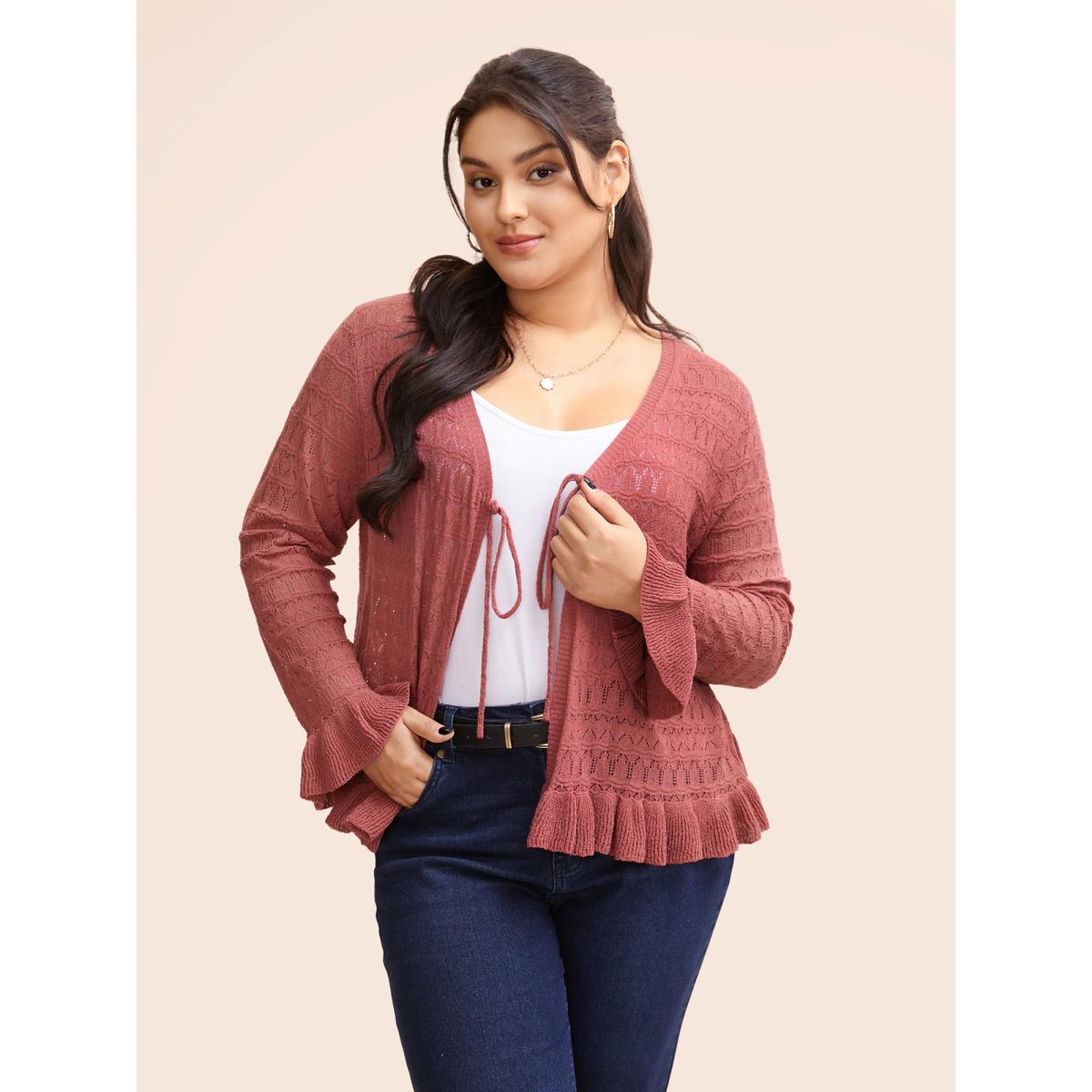 Plus Size Texture Ruffles Tie Knot Bell Sleeve Cardigan Beanpastepowder Women Casual Loose Long Sleeve Everyday Cardigans BloomChic 18-20/2X Product Image