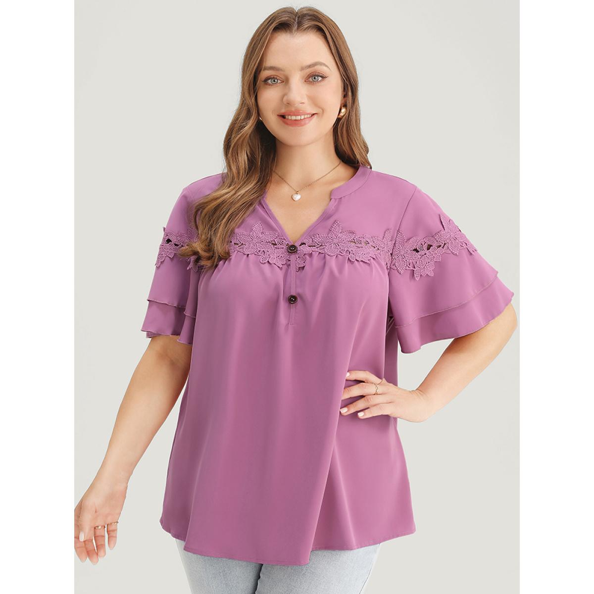 Plus Size Mauve Floral Patchwork Button Detail Ruffle Tiered Sleeve Blouse Women Elegant Short sleeve V-neck Dailywear Blouses BloomChic 10/M Product Image