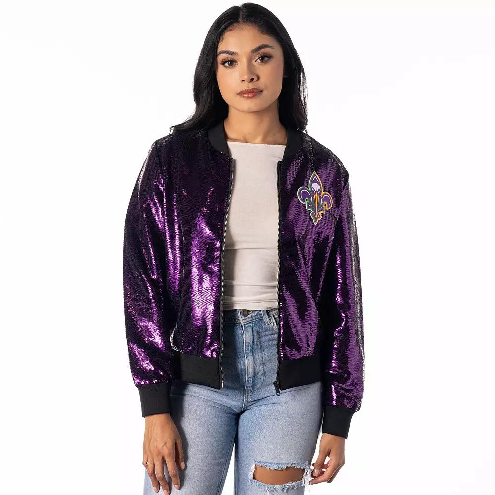 Women's The Wild Collective Purple New Orleans Pelicans Sequin Full-Zip Bomber Jacket, Size: Medium Product Image