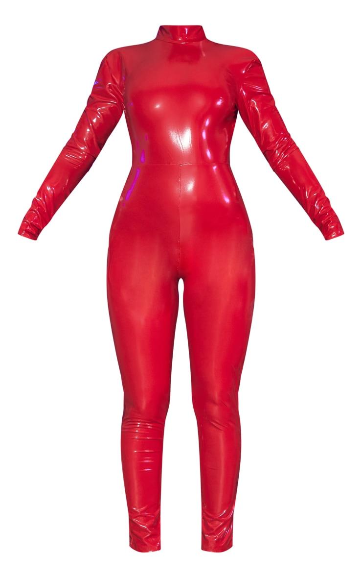 Red Backless Vinyl Long Sleeve Jumpsuit Product Image