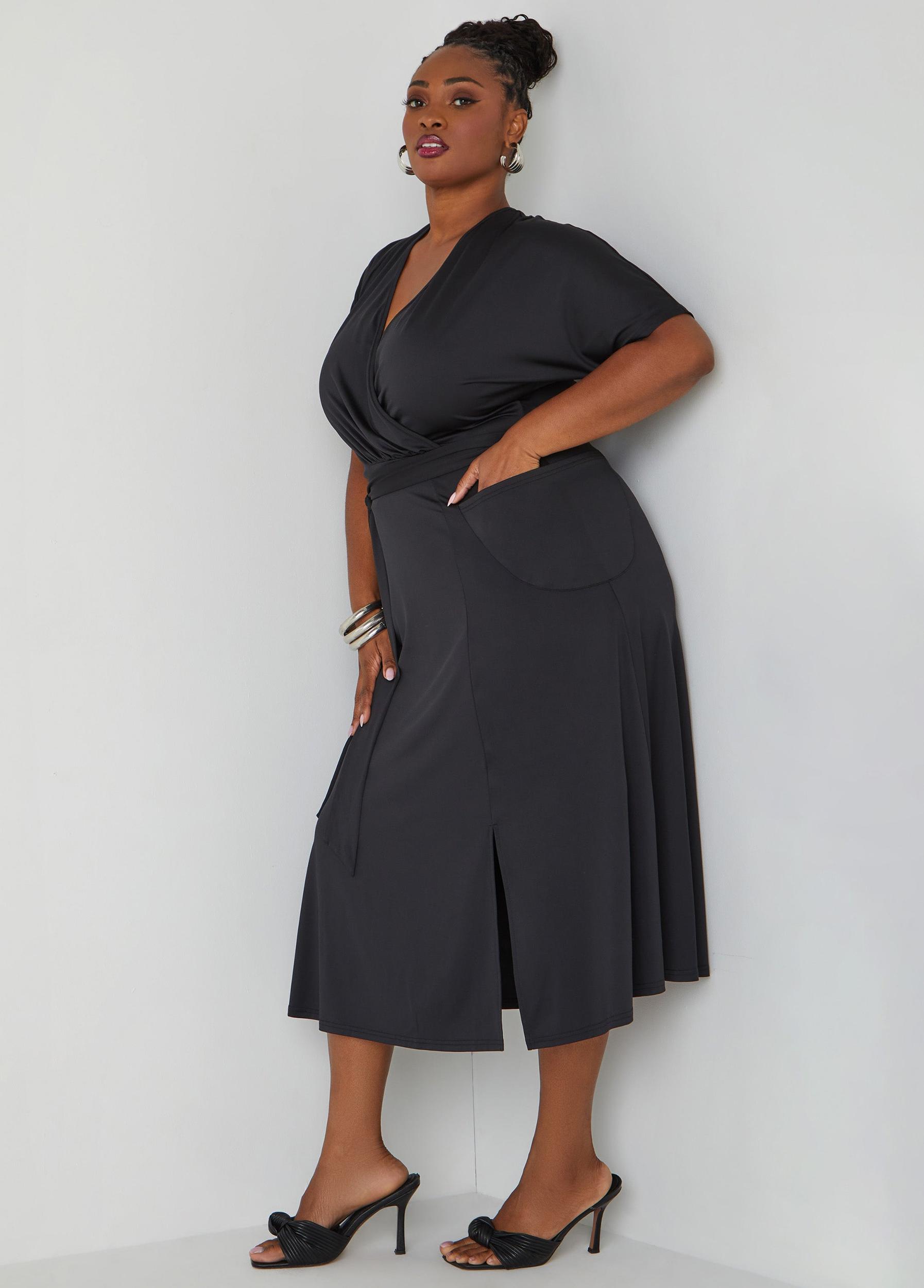 Plus Size Belted Faux Wrap Midi Dress Ashley Stewart Product Image