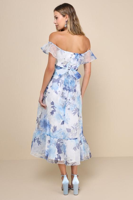 Sweet Composure White Floral Organza Off-the-Shoulder Midi Dress Product Image