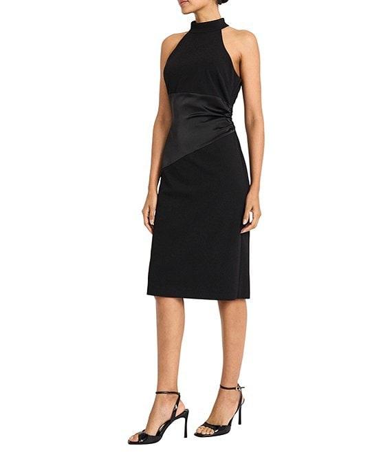 Maggy London Scuba Crepe Halter Neck Sleeve Satin Drape Sheath Midi Dress Product Image