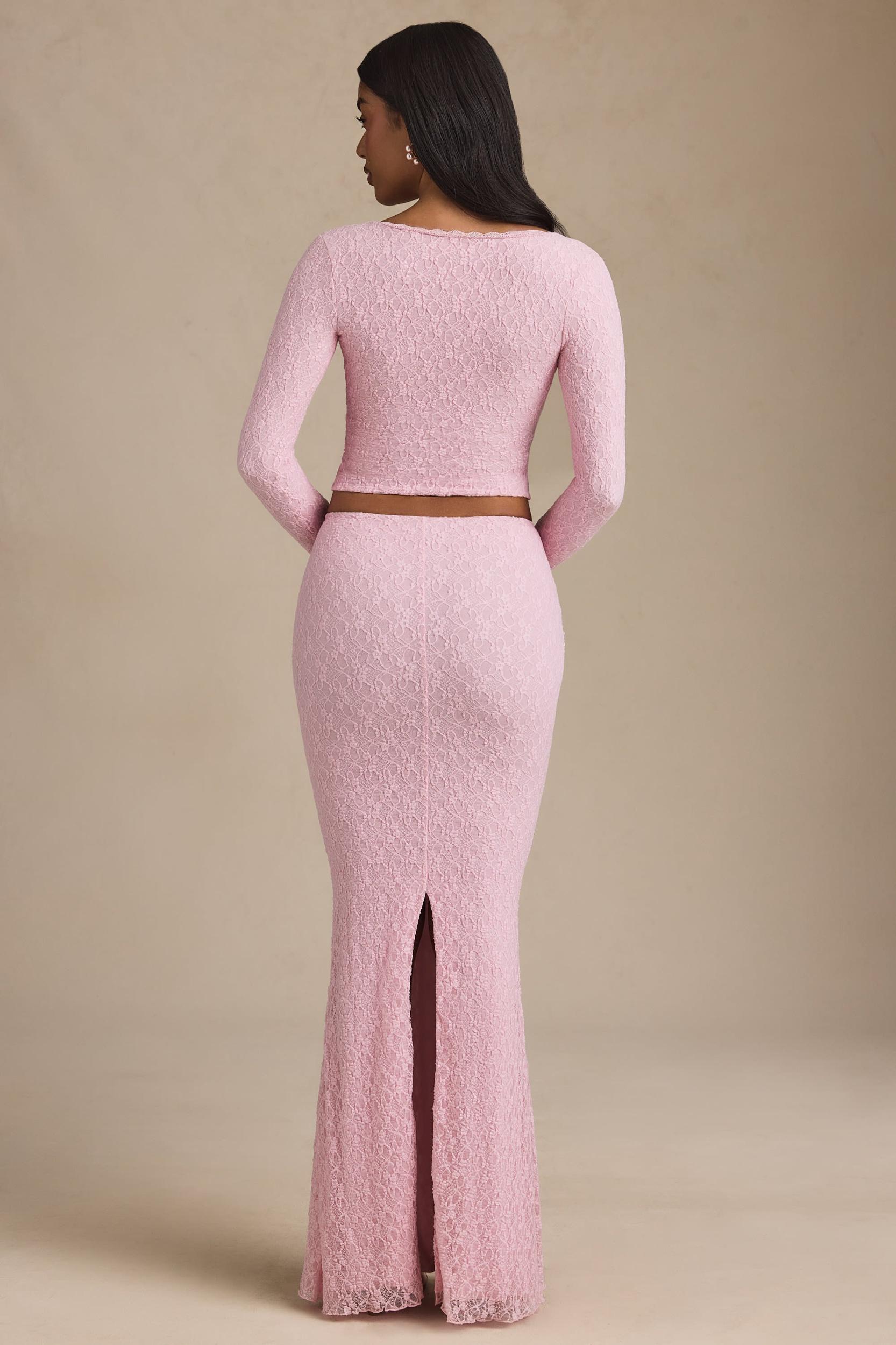 Draped Low-Rise Lace Maxi Skirt in Soft Pink Product Image