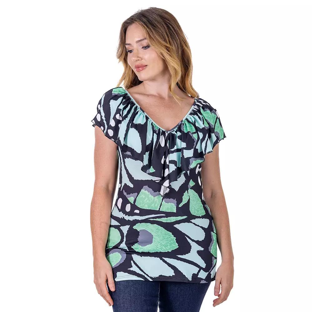 Women's 24Seven Comfort Apparel Butterfly Ruffle V Neck Top, Size: Large, Green Team Product Image