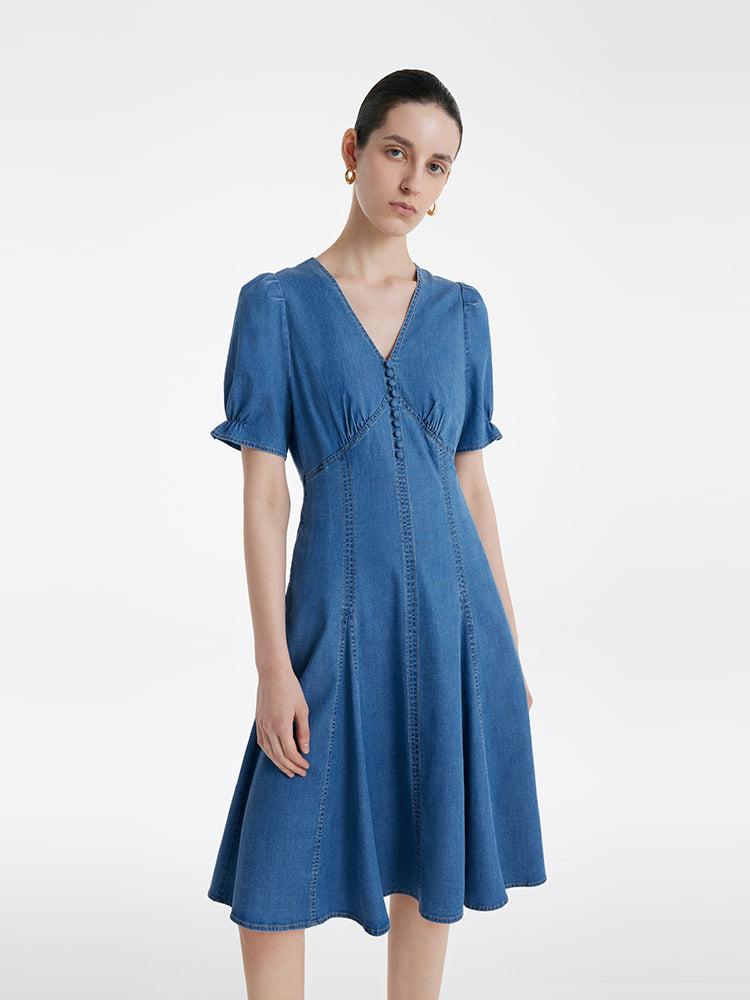 Denim V-Neck Gathered Waist Women Midi Dress Product Image