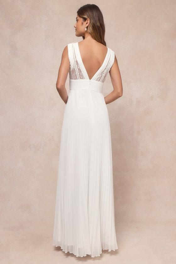 Gorgeous Forever Ivory Chiffon Lace Pleated Backless Maxi Dress Product Image