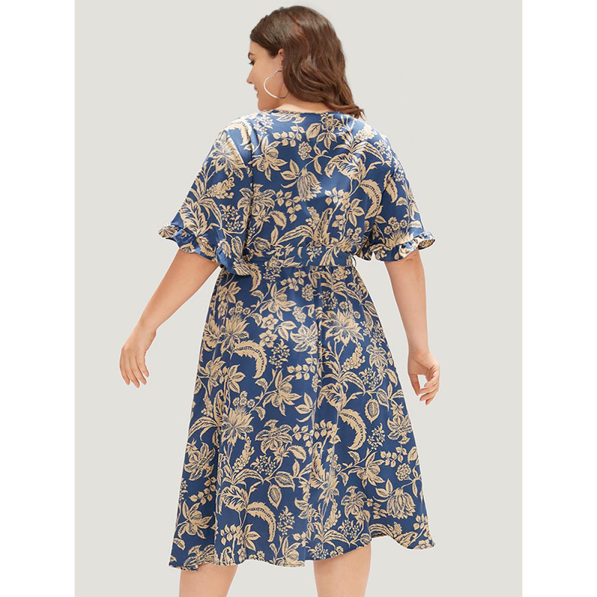 Plus Size Silhouette Floral Print Belted Flutter Trim Dress DarkBlue Women Vacation Gathered V-neck Short sleeve Curvy Midi Dress BloomChic 26/4X Product Image