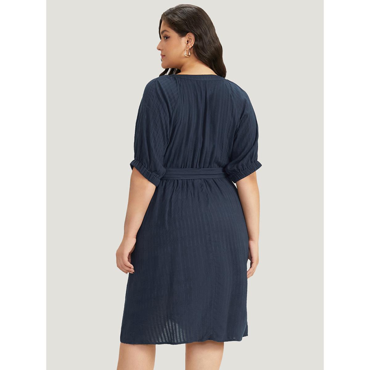 Plus Size Solid Button Through Notched Belted Dress Navy Women Office Elastic cuffs Notched collar Short sleeve Curvy Midi Dress BloomChic 30/6X Product Image