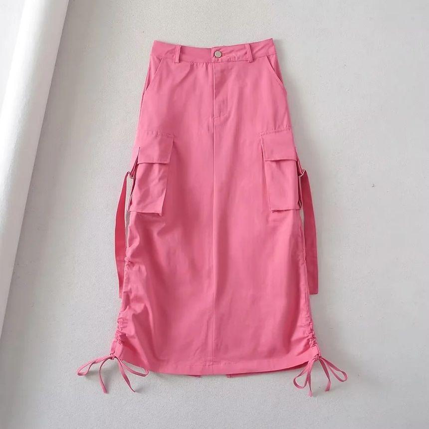 High Rise Plain Drawstring Midi A-Line Cargo Skirt Product Image
