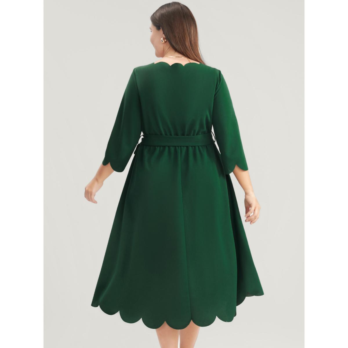 Plus Size Solid Pocket Scalloped Trim Belted Midi Dress Green Women Elegant Pocket Round Neck Elbow-length sleeve Curvy Midi Dress BloomChic 14-16/1X Product Image