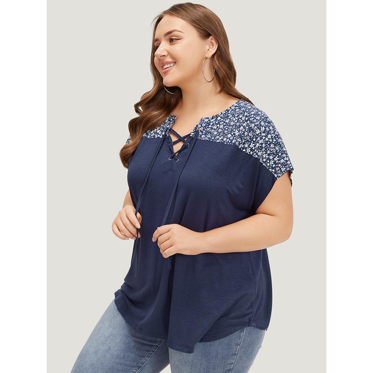 Plus Size Ditsy Floral Patchwork Lace Up Notched T-shirt Indigo Women Elegant Cross straps Ditsy Floral Notched collar Dailywear T-shirts BloomChic 28/5X Product Image