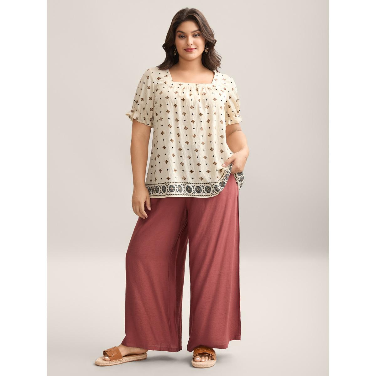 Plus Size Beige Rayon Embroidered Pleated Blouse Women Short sleeve Square Neck Vacation Blouses BloomChic 26/4X Product Image