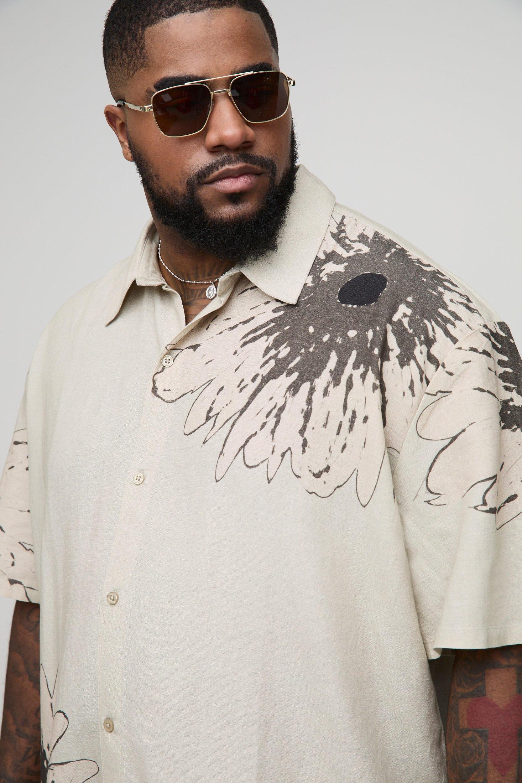 Plus Oversized Linen Look Placement Floral Shirt | boohooMAN USA Product Image