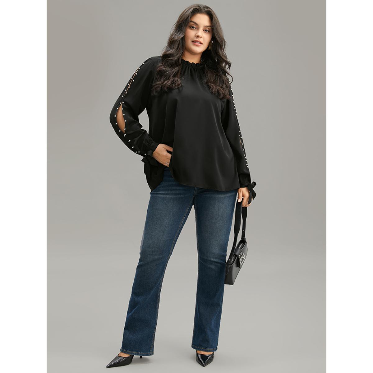 Plus Size Black Anti-Wrinkle Pearl Beaded Ties Cut Out Blouse Women Office Long Sleeve Halter neck Office Blouses BloomChic 18-20/2X Product Image