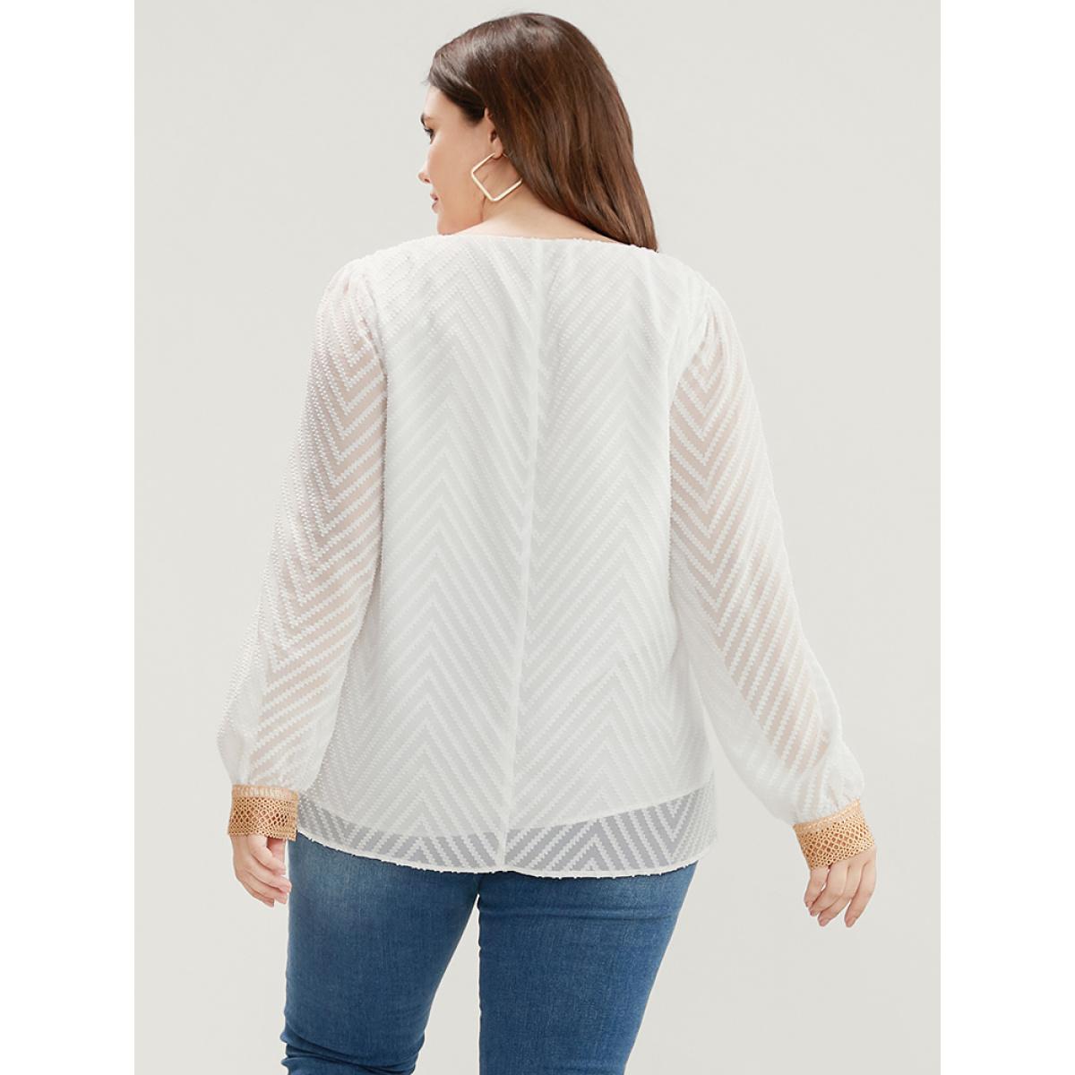 Plus Size Ivory Geometric Mesh Crochet Lace V Neck Blouse Women Elegant Long Sleeve V-neck Dailywear Blouses BloomChic 22-24/3X Product Image