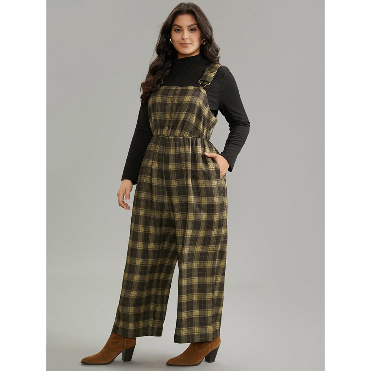 Plus Size DarkBrown Plaid Adjustable Straps Pocket Elastic Waist Jumpsuit Women Office Sleeveless Spaghetti Strap Work Loose Jumpsuits BloomChic 30/6X Product Image
