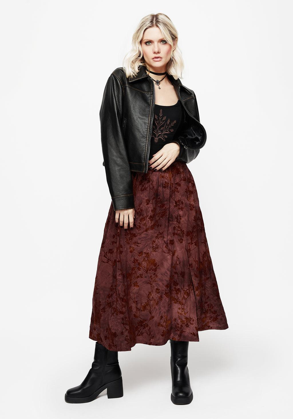 Wytchelm Floral Flocked Velour Midaxi Skirt - Red Product Image