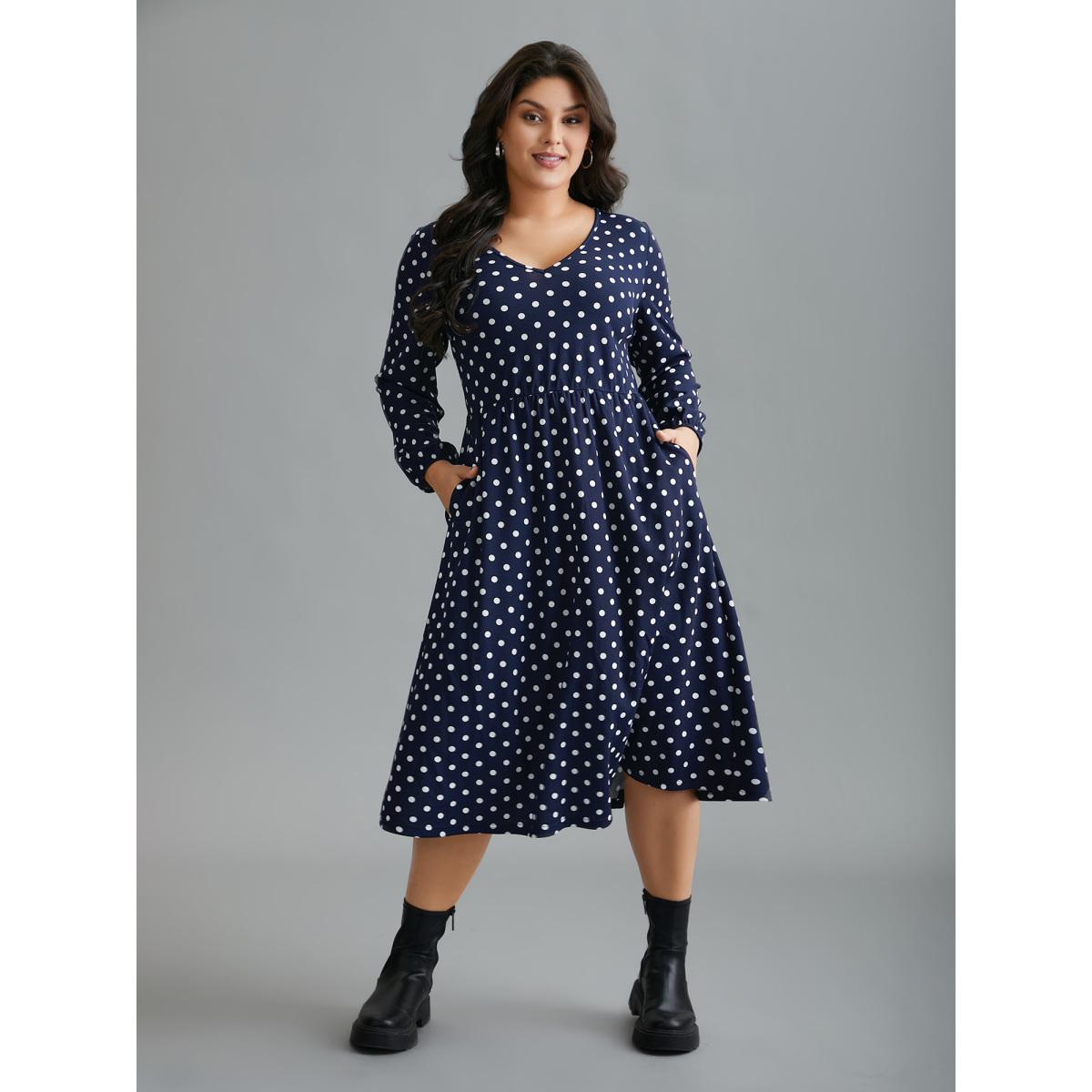 Plus Size V Neck Polka Dot Midi Dress DarkBlue Women Casual Non Knit Dresses Bloomchic 30/6X Product Image