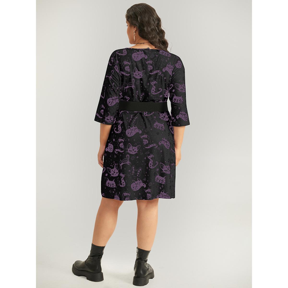 Plus Size Halloween Cat Print Buckle Detail Dress With Belt Black Women Casual Belted Round Neck Elbow-length sleeve Curvy Midi Dress BloomChic 22-24/3X Product Image