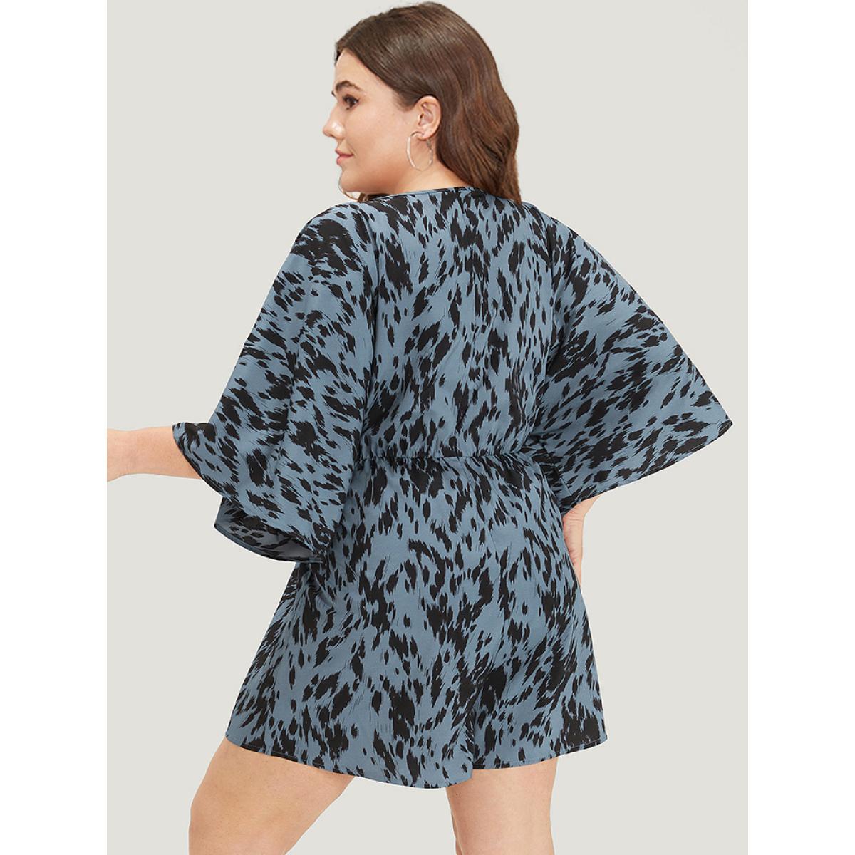 Plus Size Stone Leopard Print Flounce Sleeve Pocket Elastic Waist Jumpsuit Women Vacation Half Sleeve V-neck Dailywear Loose Jumpsuits BloomChic 12/L Product Image