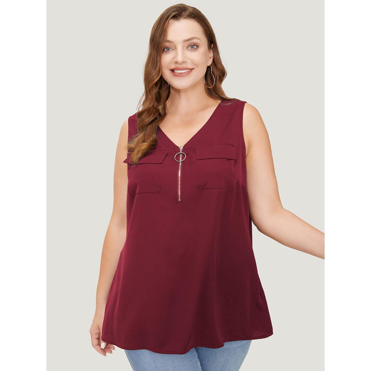 Plus Size Solid Half Zipper Flap Detail Tank Top Women Burgundy Casual Zipper V-neck Dailywear Tank Tops Camis BloomChic 22-24/3X Product Image