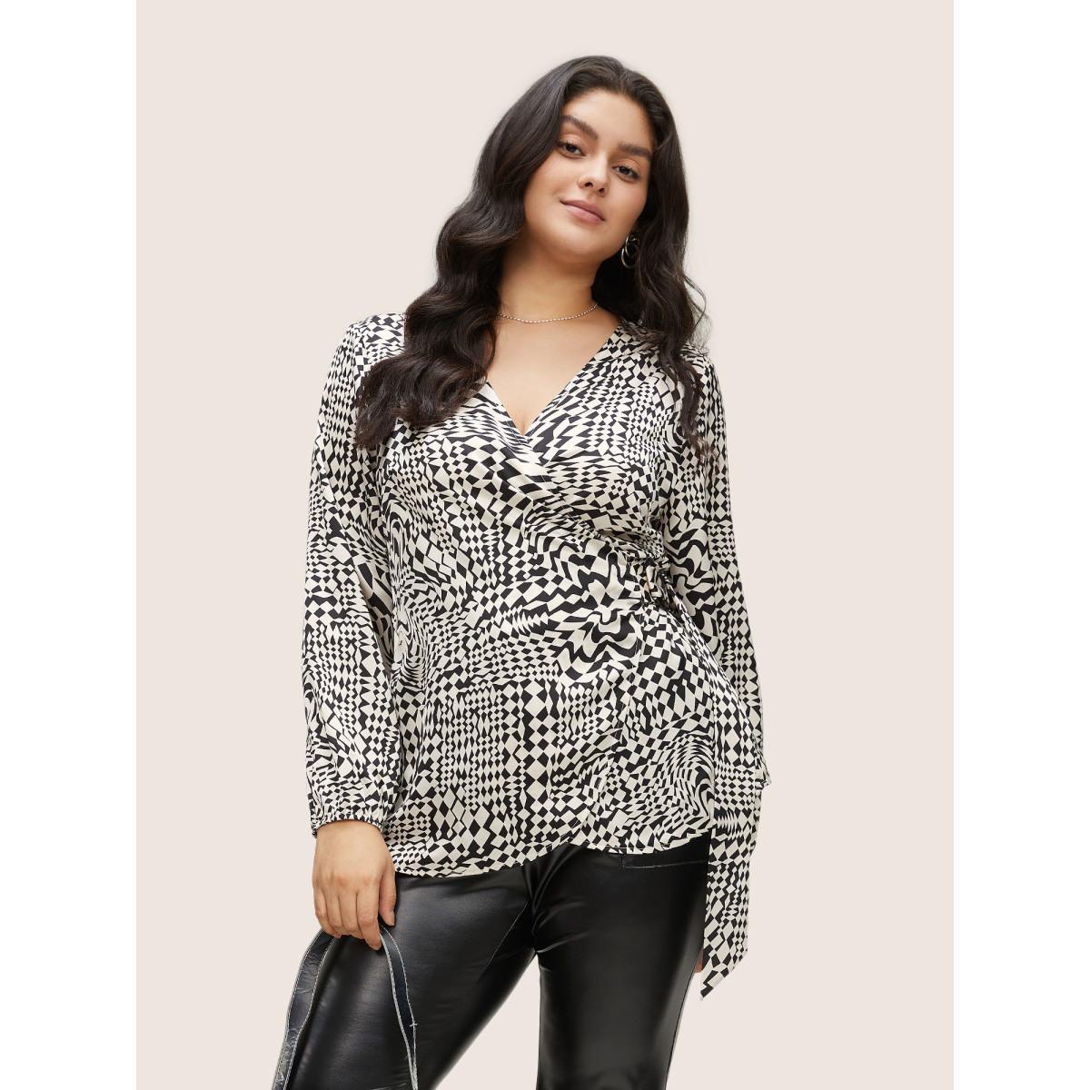 Plus Size Black Asymmetrical Geometric Wrap Button Detail Blouse Women At the Office Long Sleeve Overlap Collar Work Blouses BloomChic 22-24/3X Product Image