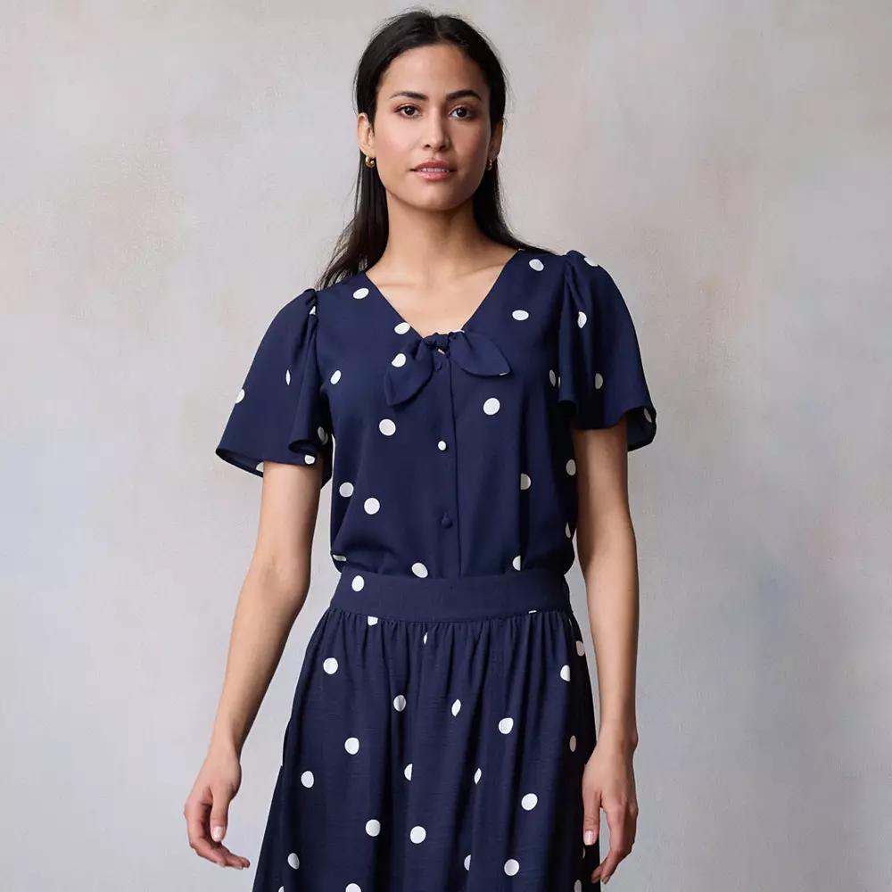 Petite LC Lauren Conrad Tie-Front Flutter Sleeve Top, Women's, Size: Large Petite, Blue Audrey Dot Product Image