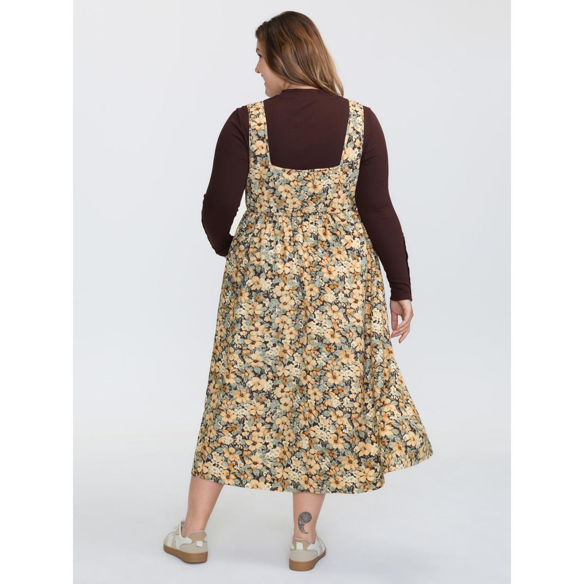Plus Size Floral Print Waist-Defining A-Line Midi Dress Multicolor Women Leisure Non Sleeveless Curvy BloomChic 28/5X Product Image