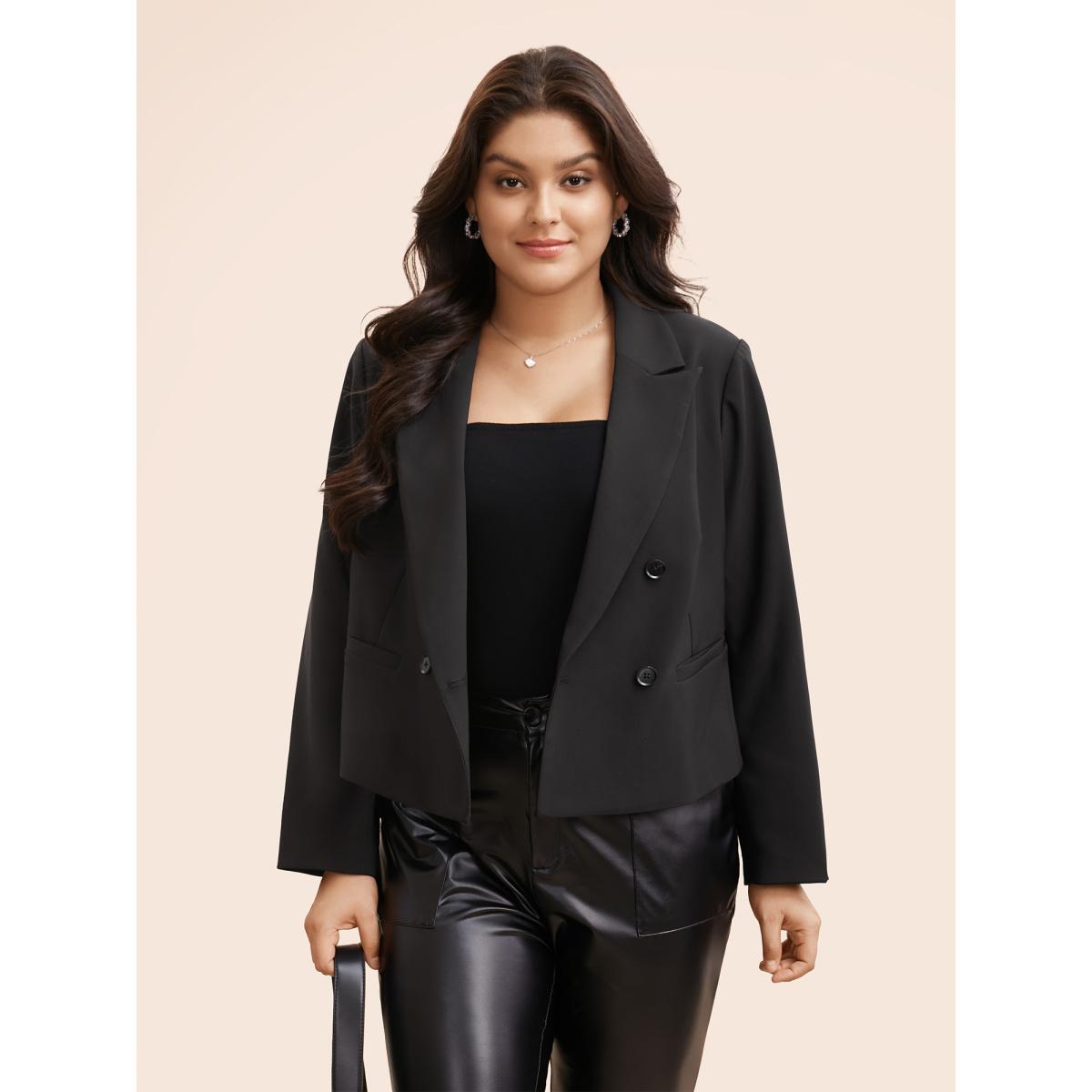 Plus Size Slim-Fit Double Pocket Cropped Blazer Black Women Work Button Sleeve Long Sleeve Suit Collar 10/M Single-flap pocket At the Office Blazers BloomChic Product Image
