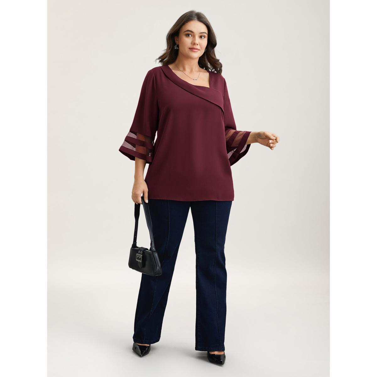 Plus Size Burgundy Sheer Sleeve Patchwork Asymmetrical Neckline Blouse Women At the Office Elbow-length sleeve Asymmetrical Neck Work Blouses BloomChic 18-20/2X Product Image