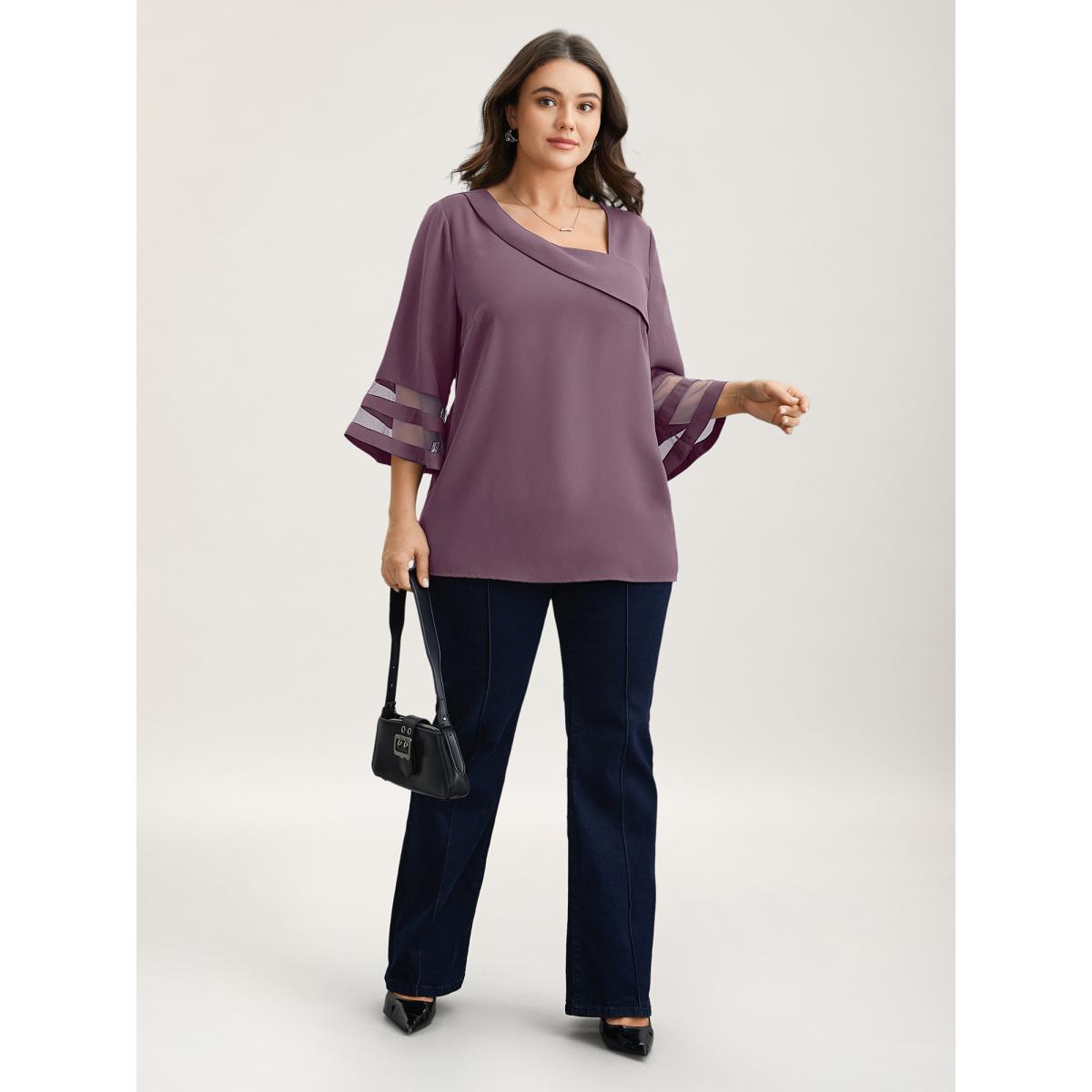 Plus Size Browncoffeecolor Sheer Sleeve Patchwork Asymmetrical Neckline Blouse Women At the Office Elbow-length sleeve Asymmetrical Neck Work Blouses BloomChic 22-24/3X Product Image