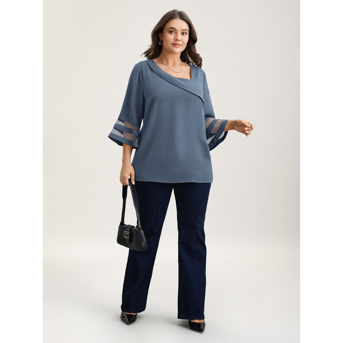 Plus Size Stone Sheer Sleeve Patchwork Asymmetrical Neckline Blouse Women Office Elbow-length sleeve Asymmetrical Neck Office Blouses BloomChic 26/4X Product Image