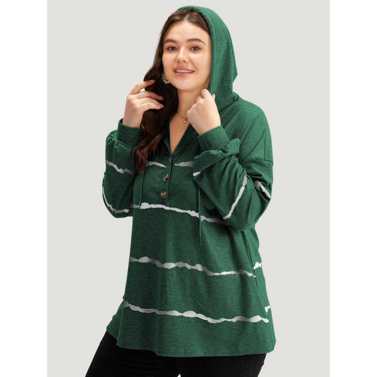 Plus Size Striped Drawstring Hooded Button Up Sweatshirt Women Green Casual Elastic cuffs Hooded Dailywear Sweatshirts BloomChic 10/M Product Image