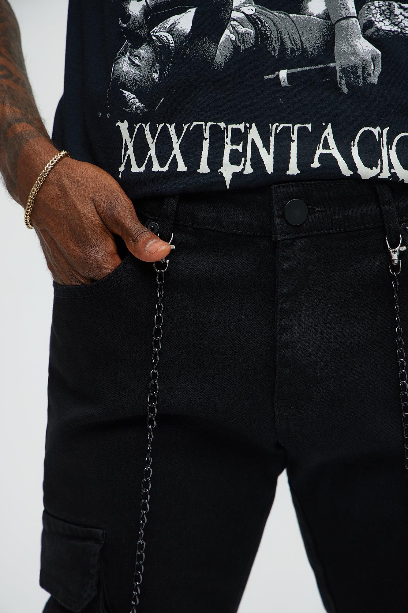 Down To It Cargo With Chain Stacked Skinny Jeans - Black Product Image